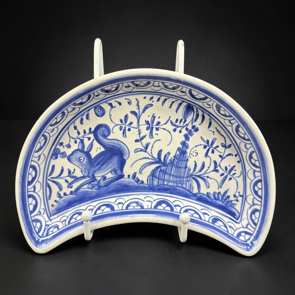 Eximious Portugal Hand Painted Blue White Squirrel Crescent Bone Dish Plate Dish